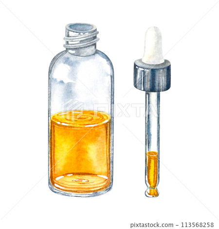 Transparent glass dropper bottle with golden liquid inside. Metal pipette. Hand drawn watercolor illustration of serum dispenser isolated on background. Element for design, advertising of cosmetic. 113568258