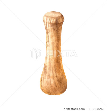 Wooden pestle. Hand drawn watercolor illustration isolated on white background. Cosmetic products and elements of cosmetology and medicine. For designers, spa, cards, wrapping paper, scrapbooking. Wooden pestle. Hand drawn watercolor illustration isolated on white background. Cosmetic products and elements of cosmetology and medicine. For designers, spa, cards, wrapping paper, scrapbooking. 113568260