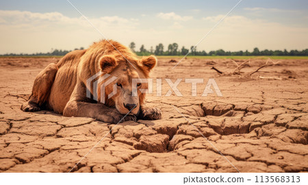 Animals suffer from lack of water, a lion on the cracked ground from the heat. 113568313