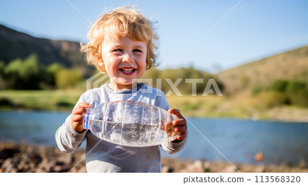 Poor, beggar, hungry smiling child eager to drink water from a plastic bottle. 113568320