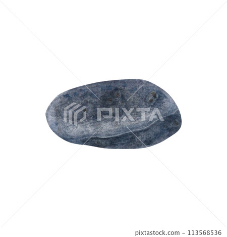 Sea stone. Hand drawn watercolor illustration with Pebble on isolated background. Drawing of striped smooth oceanic rocks. Sketch of minerals in grey color. SPA concept for card, label, souvenirs. 113568536