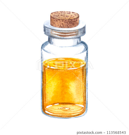 A miniature bottle made of clear glass with a wooden stopper containing gold colored liquid. Hand drawn watercolor illustration of a vial isolated on the background. For cosmetic packaging design. A miniature bottle made of clear glass with a wooden stopper containing gold colored liquid. Hand drawn watercolor illustration of a vial isolated on the background. For cosmetic packaging design. 113568543
