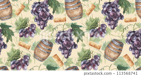 Seamless pattern with grapes, green leaves, grape vines, barrel, red , wine corks. Hand drawn watercolor illustration. Isolated on white background. For fabric, textile, paper. Beige background. 113568741