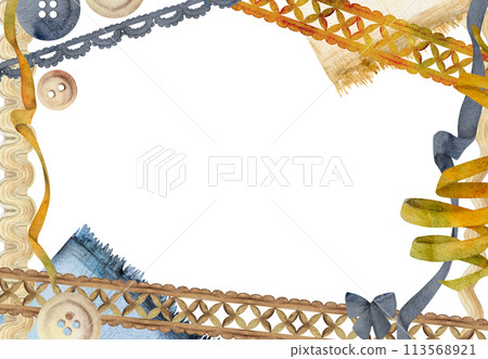 Hand drawn watercolor illustration sewing craft supplies. Fabric cloth, wooden buttons ribbon lace braid, indigo beige ochre. Frame isolated on white background. Design atelier, tailor, hobby shop Hand drawn watercolor illustration sewing craft supplies. Fabric cloth, wooden buttons ribbon lace braid, indigo beige ochre. Frame isolated on white background. Design atelier, tailor, hobby shop 113568921