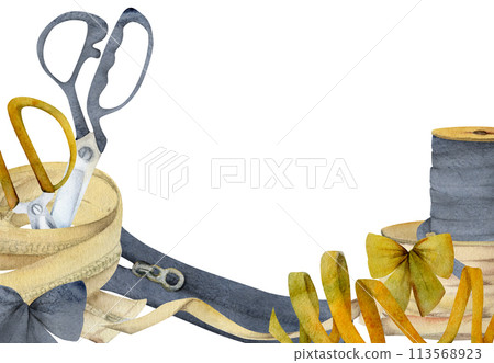 Hand drawn watercolor illustration sewing craft supplies. Clothes zippers, fabric scissors snaps, ribbon bobbins indigo beige. Frame isolated on white background. Design atelier, tailor, hobby shop Hand drawn watercolor illustration sewing craft supplies. Clothes zippers, fabric scissors snaps, ribbon bobbins indigo beige. Frame isolated on white background. Design atelier, tailor, hobby shop 113568923