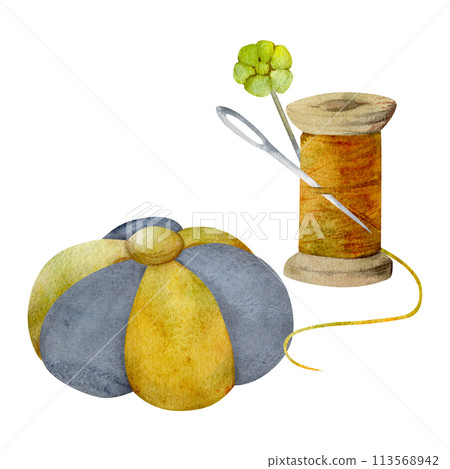 Hand drawn watercolor illustration sewing craft embroidery supplies. Wooden thread spool skein bobbin, pin cushion needles. Composition isolated on white background. Design atelier, tailor, hobby shop 113568942