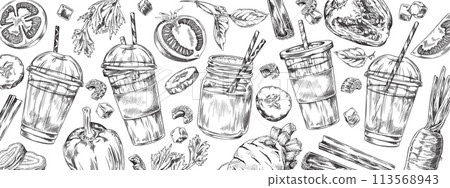 Smoothie with vegetables on pattern border engraved hand drawn vector, natural organic shake cocktail with straws, detox Smoothie with vegetables on pattern border engraved hand drawn vector, natural organic shake cocktail with straws, detox 113568943