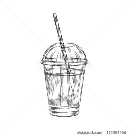 Vector illustration of a fresh smoothie in a plastic cup with a lid and a striped tube on a white background 113568966