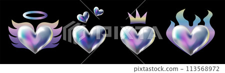 3d holographic retro 90 stickers set. Chrome Hearts in Y2K style with fire flame, angel wings, crown isolated on black. Future galaxy retro aesthetic, 3D chrome bubble art. Metal glossy sticker set. 113568972