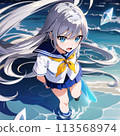 Beautiful high school girl playing in the sea 113568974