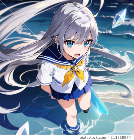 Beautiful high school girl playing in the sea 113568974