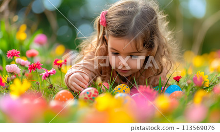 cute little girl playing egg hunt on Easter. Child sitting on the grass gathering colorful eggs cute little girl playing egg hunt on Easter. Child sitting on the grass gathering colorful eggs 113569076