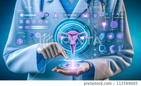 doctor holding virtual screen with uterus reproductive system , feminine health concept doctor holding virtual screen with uterus reproductive system , feminine health concept 113569085
