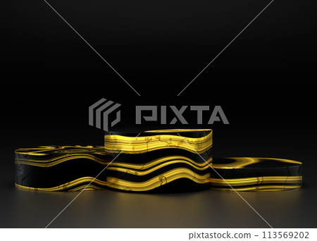 Marble and Gold Pedestal. Stage for presentation product platform stand or abstract pedestal cosmetic display and modern premium round showcase on elegant mockup backdrop 113569202