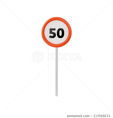 Fifty regulation road sign 3D vector icon, restriction traffic symbol 50 kmh red circle on stick, transport speed limit 113569215