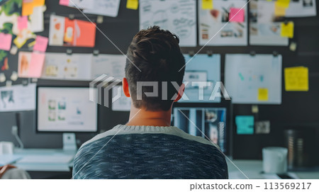man overviewing a board with notes on the wall, generative ai man overviewing a board with notes on the wall, generative ai 113569217