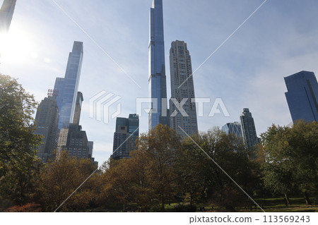 [New York] Skyscrapers seen from Central Park in autumn 113569243