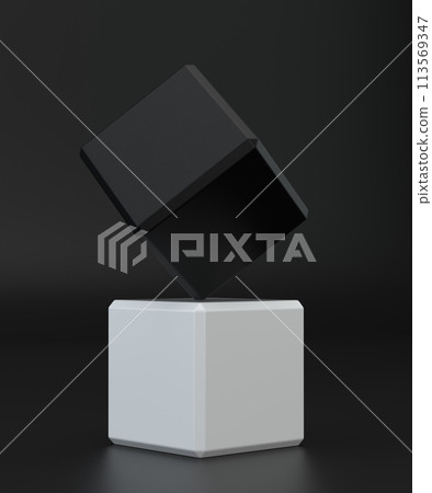 White and black 3d cube with perspective on black background. 3d modeling box with lighting and shadow. 113569347