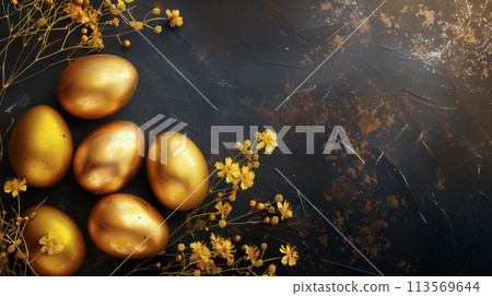 flat lay of Glossy golden painted eggs, floral golden branches on dark background. space for text 113569644