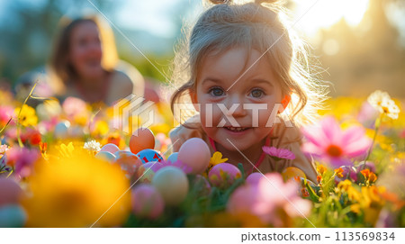 cute little girl playing egg hunt on Easter. Child sitting on the grass gathering colorful eggs cute little girl playing egg hunt on Easter. Child sitting on the grass gathering colorful eggs 113569834