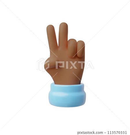 V sign hand gesture 3D vector icon, sign of victory peace, cartoon two fingers gesture emoji, afro arm with blue sleeve 113570331