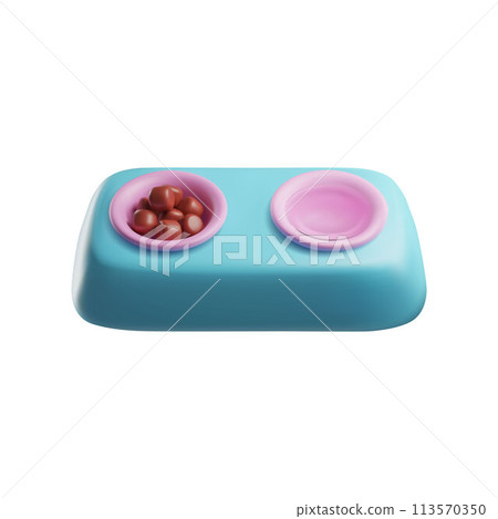 Vector illustration of a 3D bowl with food and water for pets on a white background 113570350