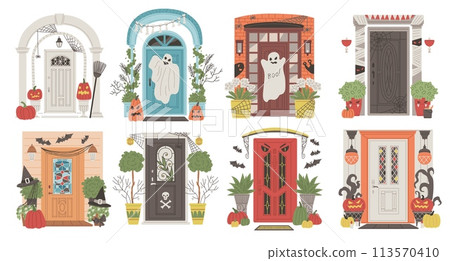 Spooky decorated door set for Halloween fun. Vector flat illustration on a white background 113570410