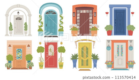 House doorways decorated with flowers, flat vector illustrations isolated. House doorways decorated with flowers, flat vector illustrations isolated. 113570414