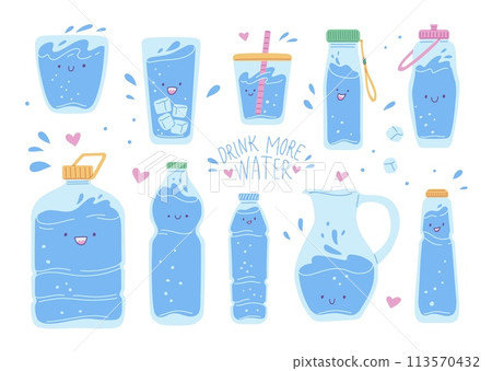 Water in various containers, set of vector illustration isolated on white Water in various containers, set of vector illustration isolated on white 113570432