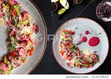 Photo collage with Caesar salad with shrimp. Caesar salad with shrimp. View from above. 113570433