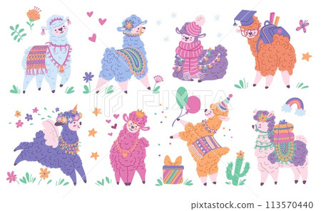 Set of colorful cute llamas, alpacas with different decorations, cartoon vector Llama alpaca unicorn, flowers, hearts 113570440