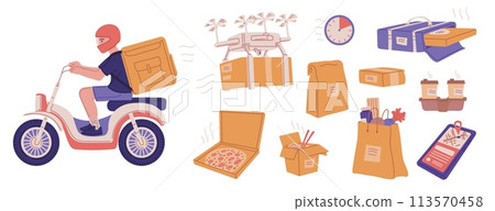 Delivery by courier or drones, set of flat vector illustrations isolated. 113570458
