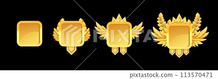 Gold awards icons, game design vector illustrations isolated on black. 113570471