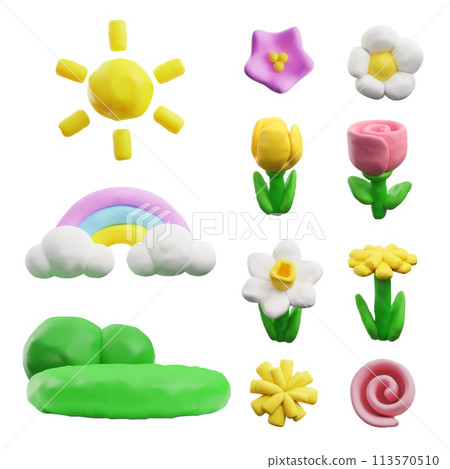 3D plasticine spring flowers, sun rainbow and lawn, vector blossom floral design elements from dough, sculpting creation 113570510