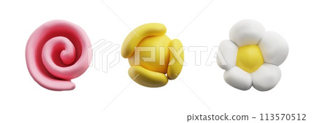 Plasticine sculpting yellow ball, chamomile flower and pink curl, vector 3D dough texture blossom set sculpting creation Plasticine sculpting yellow ball, chamomile flower and pink curl, vector 3D dough texture blossom set sculpting creation 113570512
