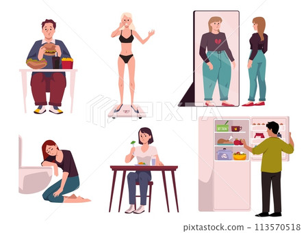 Set of people with different eating disorders flat style, vector illustration Set of people with different eating disorders flat style, vector illustration 113570518