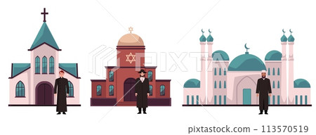Priests and churches, cartoon style vector illustration isolated on white 113570519