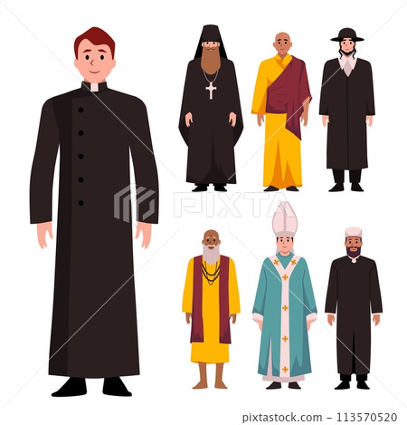 Priests or preachers of different religions, flat vector illustrations isolated. 113570520