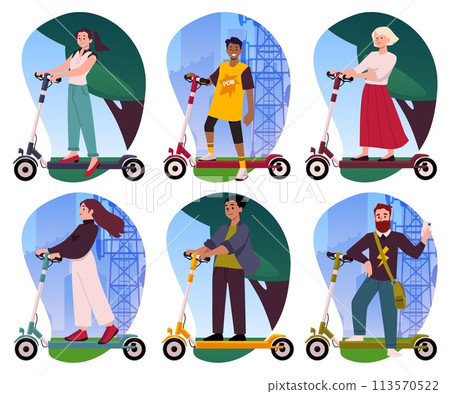 Happy people on electric scooters, vector illustration isolated on white 113570522