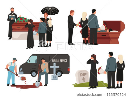 Set of funeral scenes flat style, vector illustration isolated on white Set of funeral scenes flat style, vector illustration isolated on white 113570524