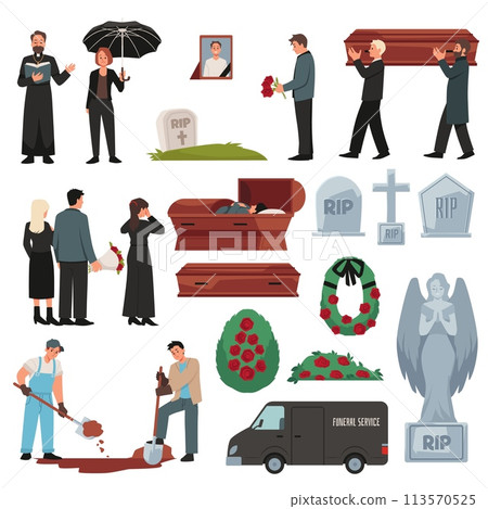 Funeral cemetery ceremony vector illustration set, grave, coffin and mourning people, priest, funeral car burial service Funeral cemetery ceremony vector illustration set, grave, coffin and mourning people, priest, funeral car burial service 113570525