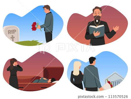 Funeral cemetery ceremony vector illustration set, grave with mourning people, coffin with dead, priest burial service 113570526