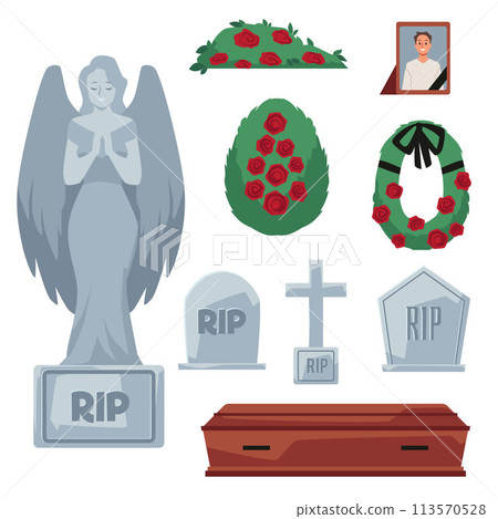 Set of items about funeral flat style, vector illustration Set of items about funeral flat style, vector illustration 113570528