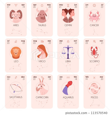 Full set of cards with different zodiac signs flat style Full set of cards with different zodiac signs flat style 113570540