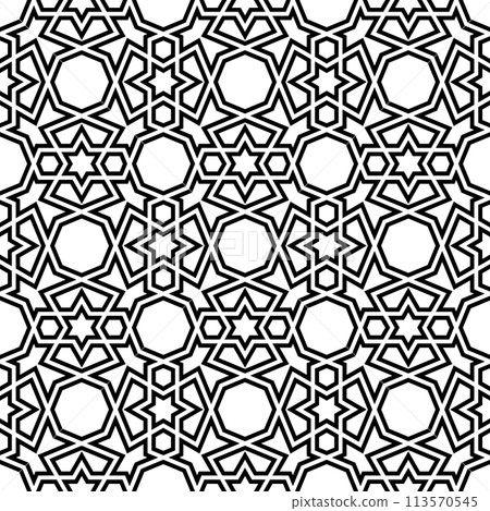 Seamless arabic geometric ornament in black color. Seamless arabic geometric ornament in black color. 113570545