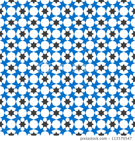 Seamless arabic geometric ornament in blue and black colors. Seamless arabic geometric ornament in blue and black colors. 113570547