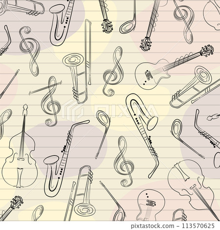 Music instruments elements sax trombone guitar notes bass doodle cartoon line art design abstract. 113570625