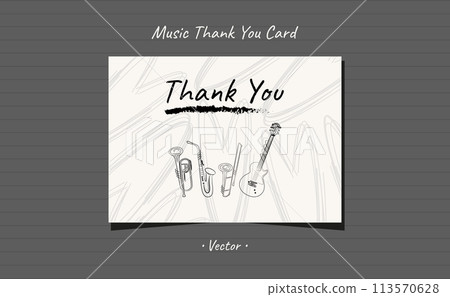 Thank you card musical instruments hand drawn line art with brushstroke and heart shapes design. Thank you card musical instruments hand drawn line art with brushstroke and heart shapes design. 113570628