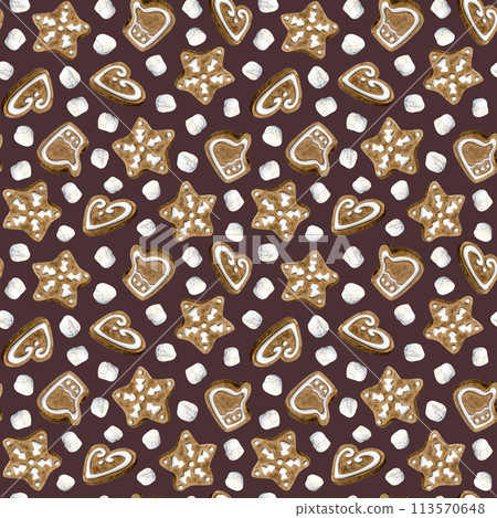 Christmas gingerbread cookies of stars, heart and mitten shape with white marshmallow watercolor seamless pattern on brown background for New Year festive and delicious designs Christmas gingerbread cookies of stars, heart and mitten shape with white marshmallow watercolor seamless pattern on brown background for New Year festive and delicious designs 113570648
