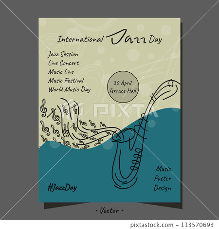 Music poster, international jazz day, world music day with saxophone line art typography design. 113570693